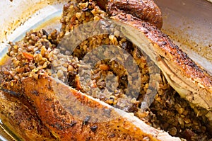 Roasted duck stuffed with buckwheat