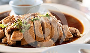 Roasted duck in Thai style for Chinese New Year dinner meal, Bangkok Thailand food restaurant