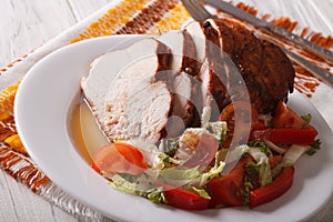 Roasted fillet of turkey and fresh vegetables close-up. Horizontal