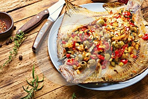 Roasted fish and vegetables on wooden table
