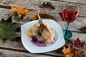 Roasted goose with fall decoration