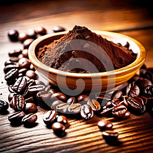Ground coffee with coffee beans on a wooden table photo