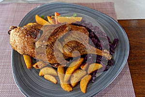 roasted half duck with red cabbage traditional hungarian dish