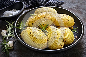 Roasted Hasselback Potatoes with Garlic Rosemary and Salt