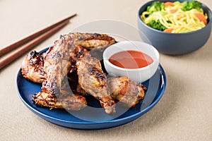 Roasted honey soy chicken wings with spice chillies sauce