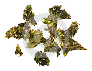 Roasted kale chips isolated on white background
