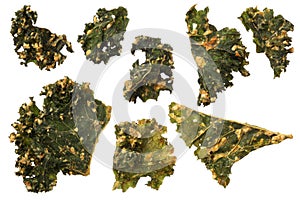 Roasted kale chips isolated on white background