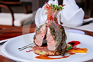 Roasted Lamb chop steak with crispy herb crust and grilled vegetables