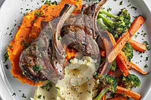 Roasted lamb chops with a side of mashed sweet potato and steamed vegetables. The steamed vegetables are a mix of broccoli and