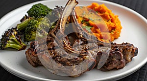 Roasted lamb chops with a side of mashed sweet potato and steamed vegetables. The steamed vegetables are a mix of broccoli and