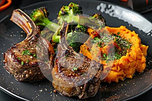 Roasted lamb chops with a side of mashed sweet potato and steamed vegetables. The steamed vegetables are a mix of broccoli and