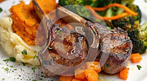 Roasted lamb chops with a side of mashed sweet potato and steamed vegetables. The steamed vegetables are a mix of broccoli and