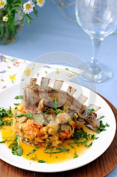 Roasted lamb ribs with stewed vegetables