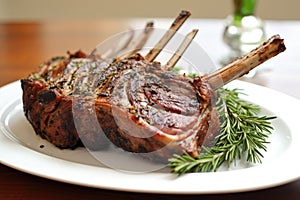 roasted lamb shankbone on a white dish
