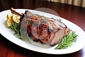 roasted lamb shankbone on a white dish