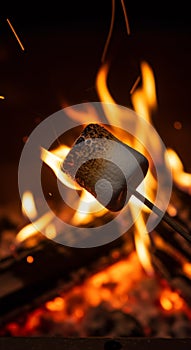 Roasted Marshmallow on a Stick Over a Campfire