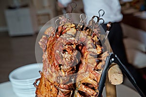 Roasted meat over an open fire, cooked in a special way.Barbecue is prepared of lamb or sheep meat and processed by