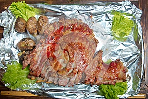 Roasted meat over an open fire, cooked in a special way.Barbecue is prepared of lamb or sheep meat and processed by