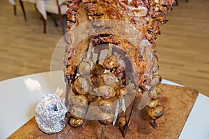 Roasted meat over an open fire, cooked in a special way.Barbecue is prepared of lamb or sheep meat and processed by