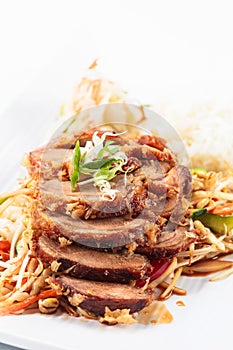 Roasted meat with rice. Korean cuisine.