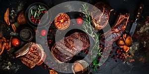 Roasted meat steak table top view over dark background. Gourmet food photography.