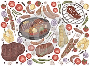 Roasted meat with vegetables, grilled steak, shashlik, chicken legs, cooked ribs, grilled sausages, tasty bbq set