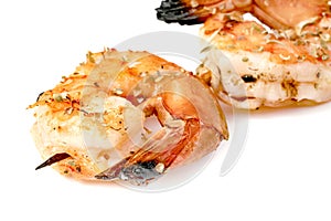 Roasted peeled prawn with skewer isolated on white background ,grilled shrimp