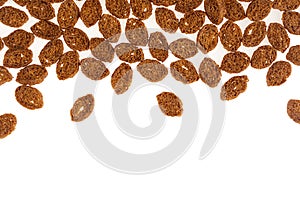 Roasted pieces dry brown bread as decorative border isolated on white background, top view. Fast food backdrop.