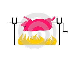 Roasted Pig on spit. Pork on fire. Vector illustration