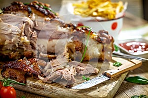 Roasted pork knuckle with french fries