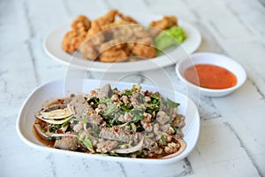 Roasted pork liver spicy salad, Thai food