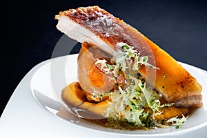 Roasted pork with mashed pumpkin. photo