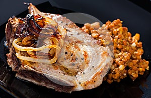 Roasted pork shin with lentils