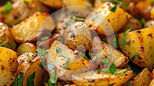 Roasted potatoes with herbs and spices. Close-up shot with selective focus