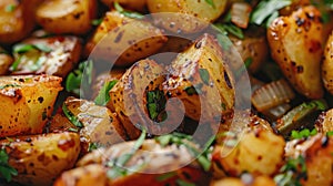 Roasted potatoes with herbs and spices. Close-up shot with selective focus