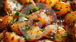 Roasted potatoes with herbs and spices. Close-up shot with selective focus