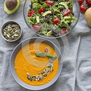 Roasted pumpkin and carrot soup and fresh salad