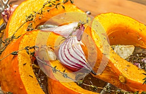 Roasted pumpkin with red onion, garlic and thyme