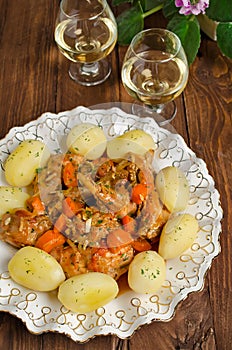 Roasted rabbit with vegetables and white wine sauce