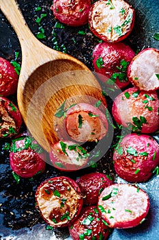 Roasted radishes in a pan