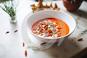 roasted red pepper detox soup with almond slivers, deep red hue