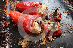 Roasted red peppers stuffed with soja and onions and rice