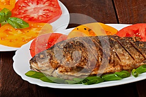 Roasted river fish carp on a white plate