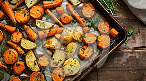 Roasted root vegetables on a baking sheet