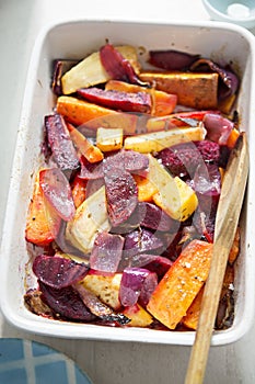 Roasted root vegetables carrot, beetroot, sweet potato