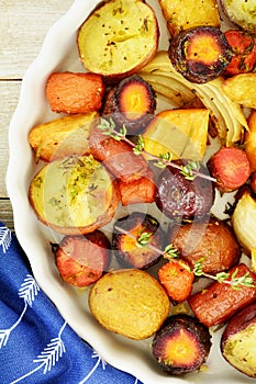 Roasted root vegetables from overhead