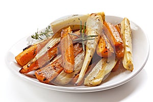 Roasted Root Vegetables in White Dish Isolated