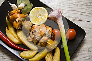 Roasted salmon and vegetables closeup