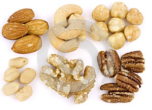 Assortment of Mixed nuts on white background