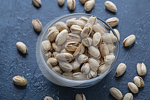 Roasted And Salted Pistachios In Glass Bowl